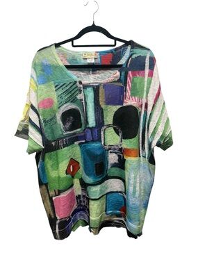 Impulse Multicolor Abstract Short Sleeve Top - Green, Blue, Pink, Black, Cream